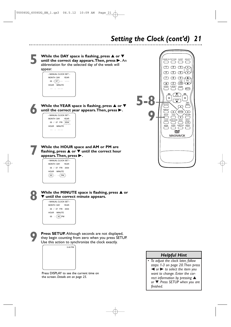 Setting the clock (cont’d) 2 1, Helpful hint | Philips Magnavox 27MDTR20s User Manual | Page 21 / 159