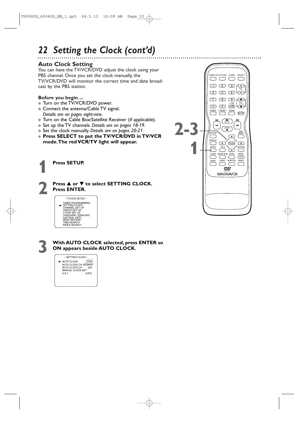 22 setting the clock (cont’d), Auto clock setting | Philips Magnavox 27MDTR20s User Manual | Page 22 / 159