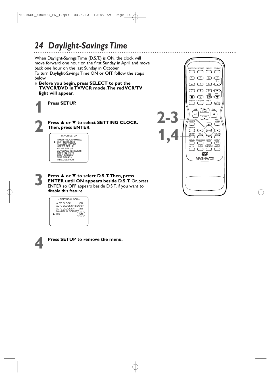 24 daylight-savings time | Philips Magnavox 27MDTR20s User Manual | Page 24 / 159