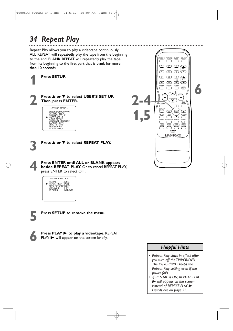 34 repeat play, Helpful hints | Philips Magnavox 27MDTR20s User Manual | Page 34 / 159