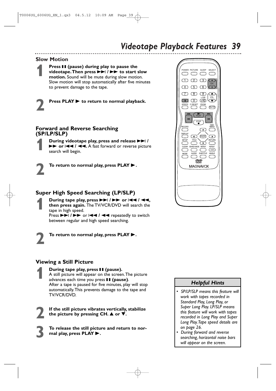 Videotape playback features 39 | Philips Magnavox 27MDTR20s User Manual | Page 39 / 159