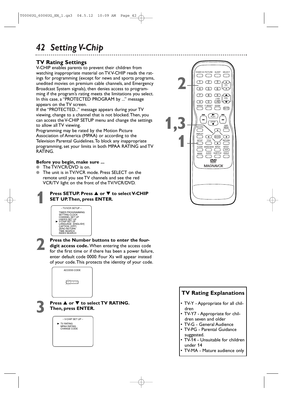 42 setting v-chip, Tv rating explanations, Tv rating settings | Philips Magnavox 27MDTR20s User Manual | Page 42 / 159