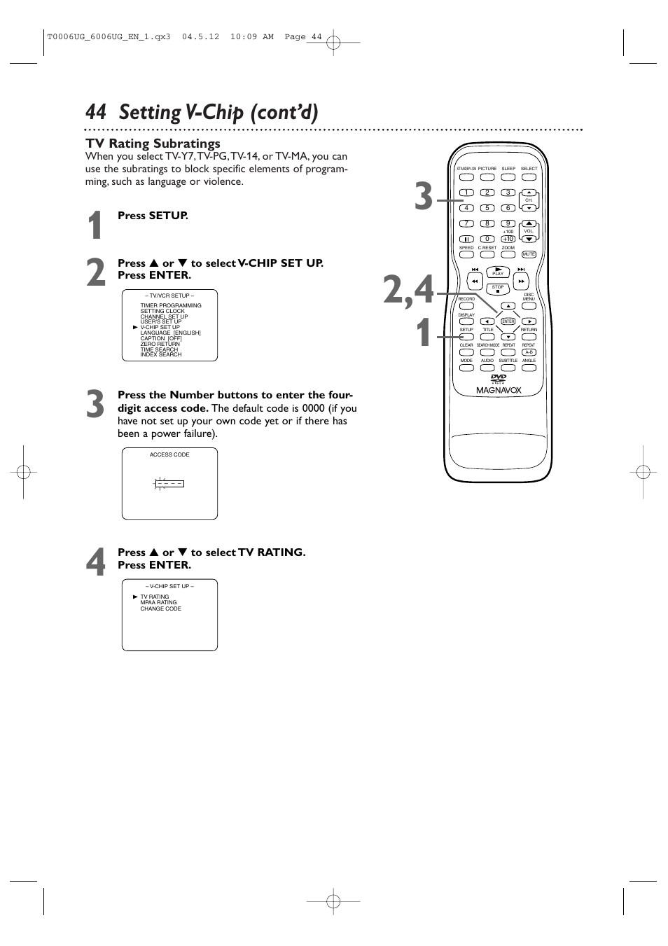 44 setting v-chip (cont’d), Tv rating subratings | Philips Magnavox 27MDTR20s User Manual | Page 44 / 159