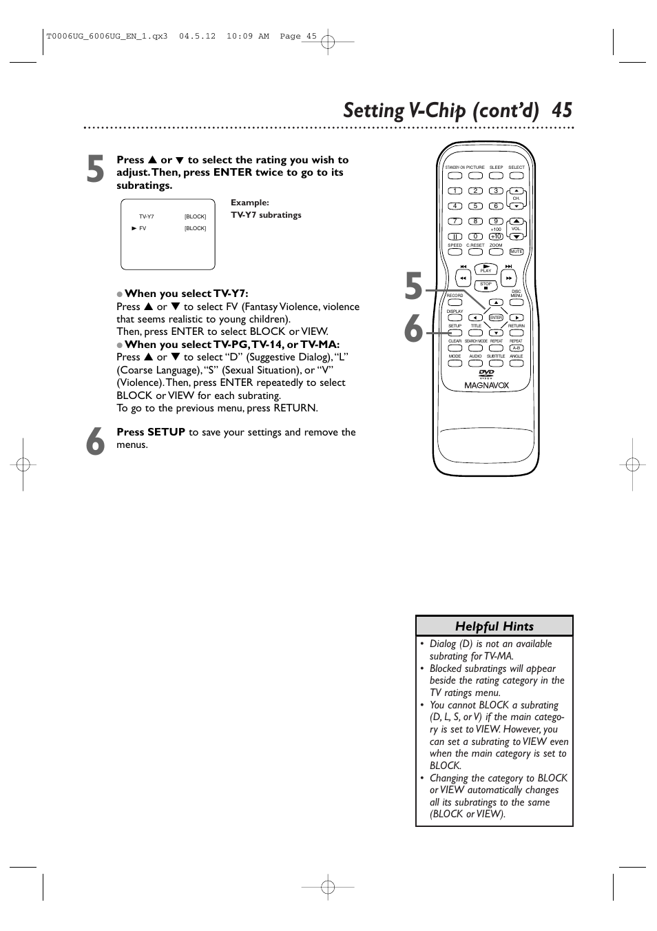 Setting v-chip (cont’d) 45, Helpful hints | Philips Magnavox 27MDTR20s User Manual | Page 45 / 159