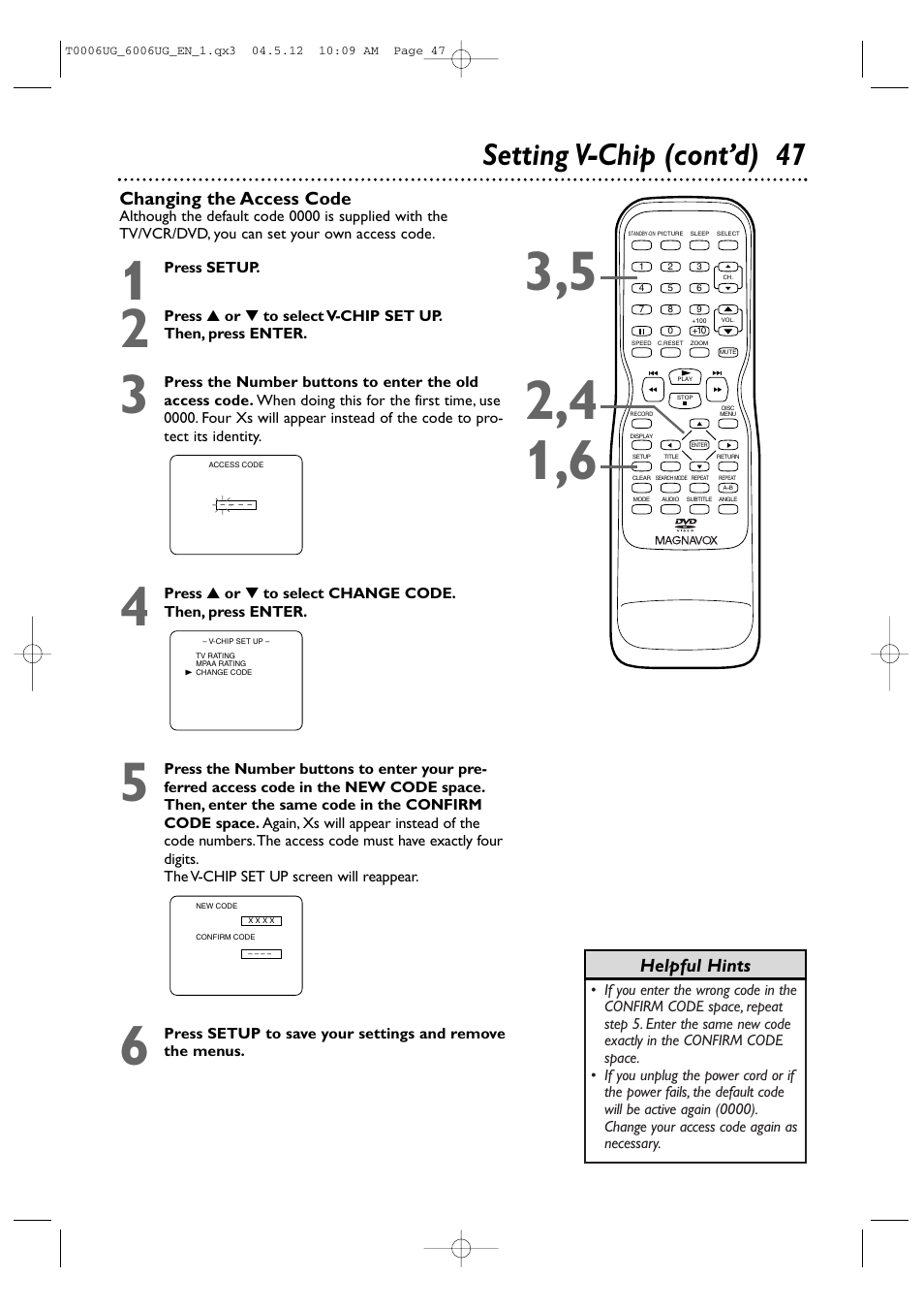 Setting v-chip (cont’d) 47, Helpful hints, Changing the access code | Philips Magnavox 27MDTR20s User Manual | Page 47 / 159