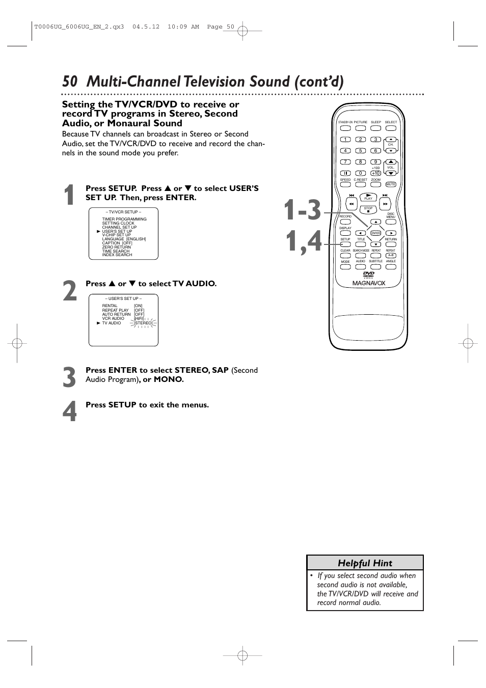 50 multi-channel television sound (cont’d) | Philips Magnavox 27MDTR20s User Manual | Page 50 / 159