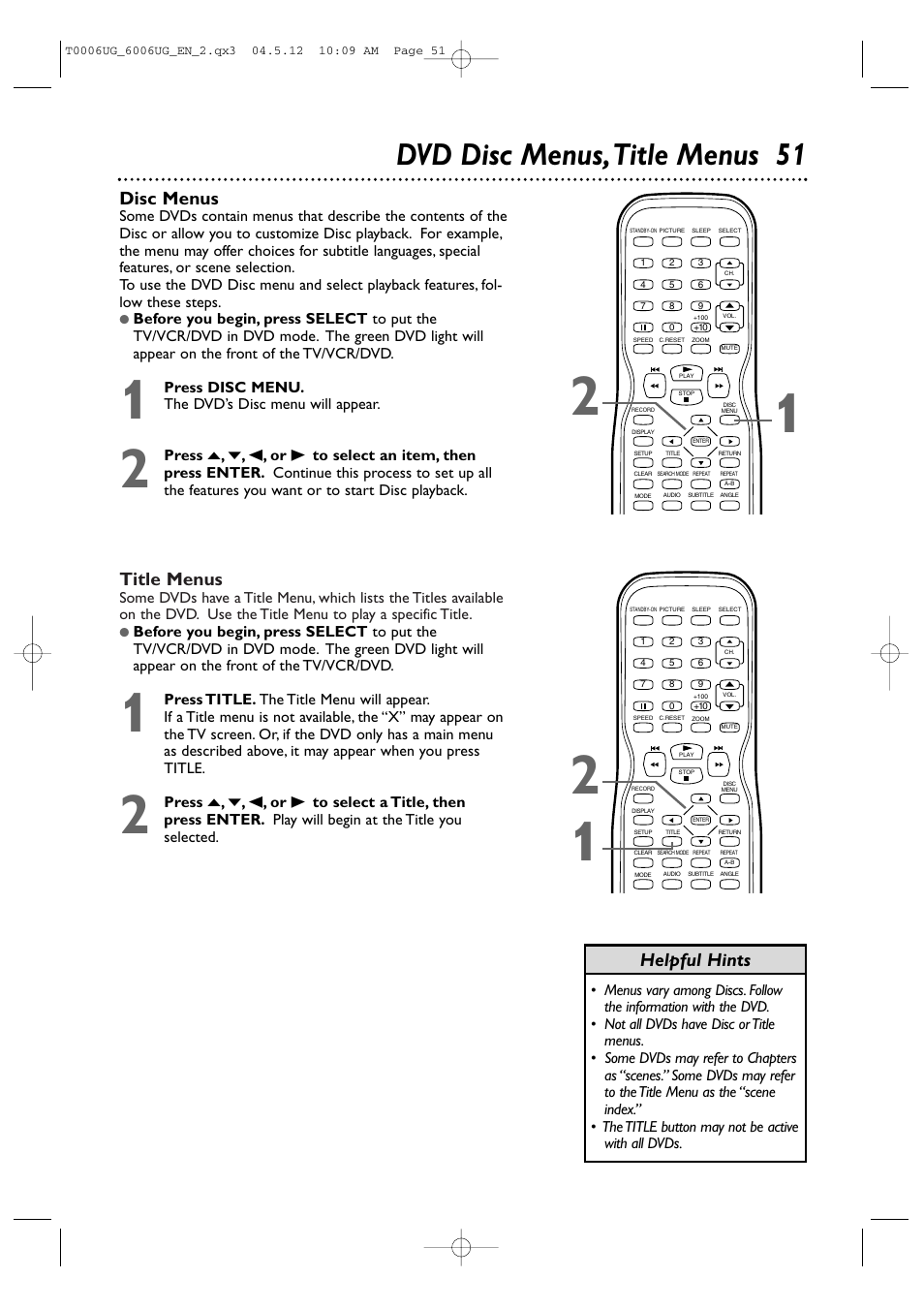 Dvd disc menus,title menus 5 1, Title menus, Disc menus | Helpful hints, Press disc menu. the dvd’s disc menu will appear | Philips Magnavox 27MDTR20s User Manual | Page 51 / 159