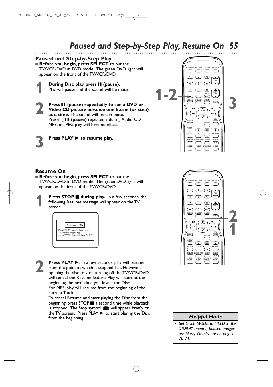 Paused and step-by-step play, resume on 55, Paused and step-by-step play, Resume on | Helpful hints | Philips Magnavox 27MDTR20s User Manual | Page 55 / 159