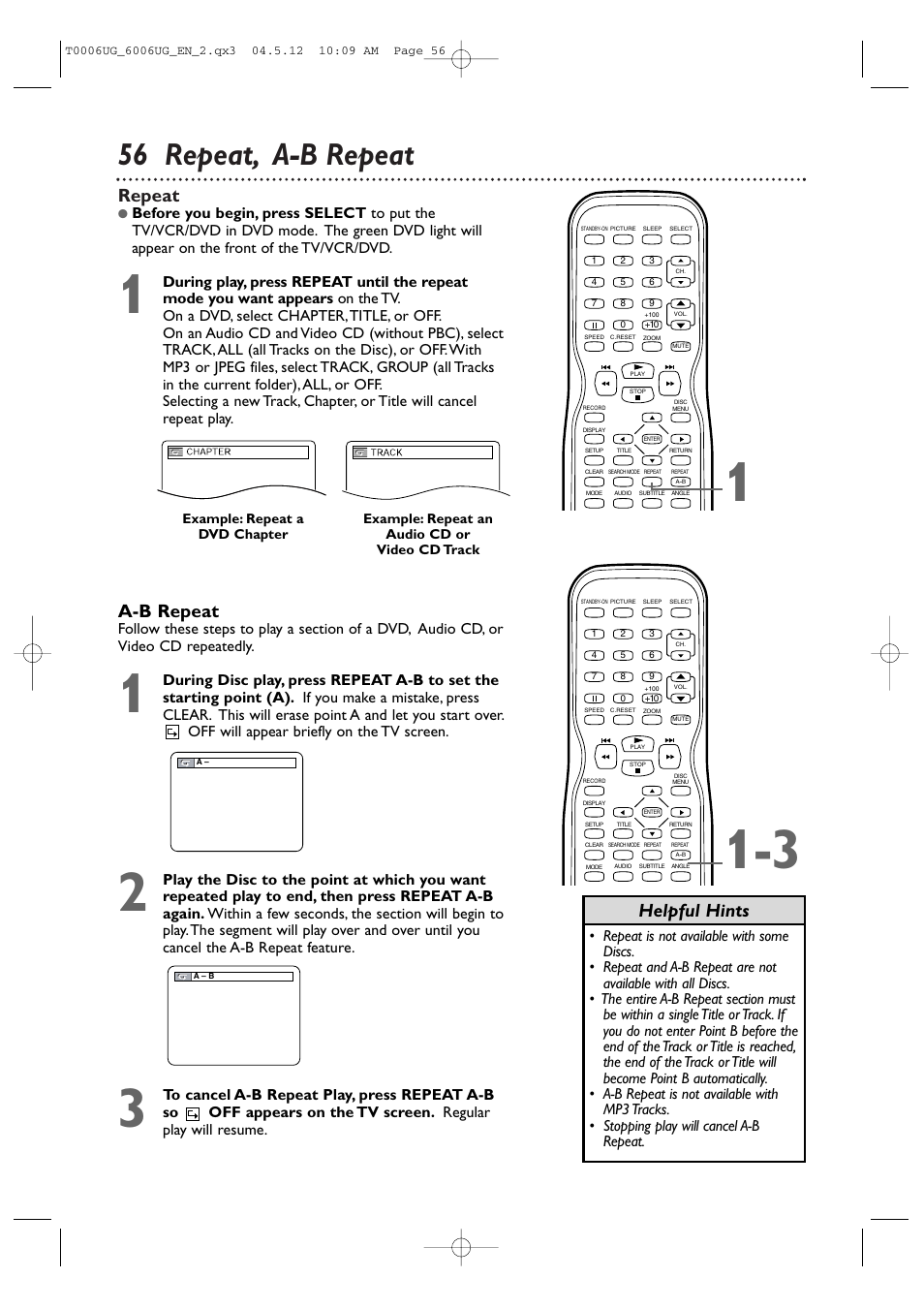 56 repeat, a-b repeat, Repeat, A-b repeat | Helpful hints | Philips Magnavox 27MDTR20s User Manual | Page 56 / 159