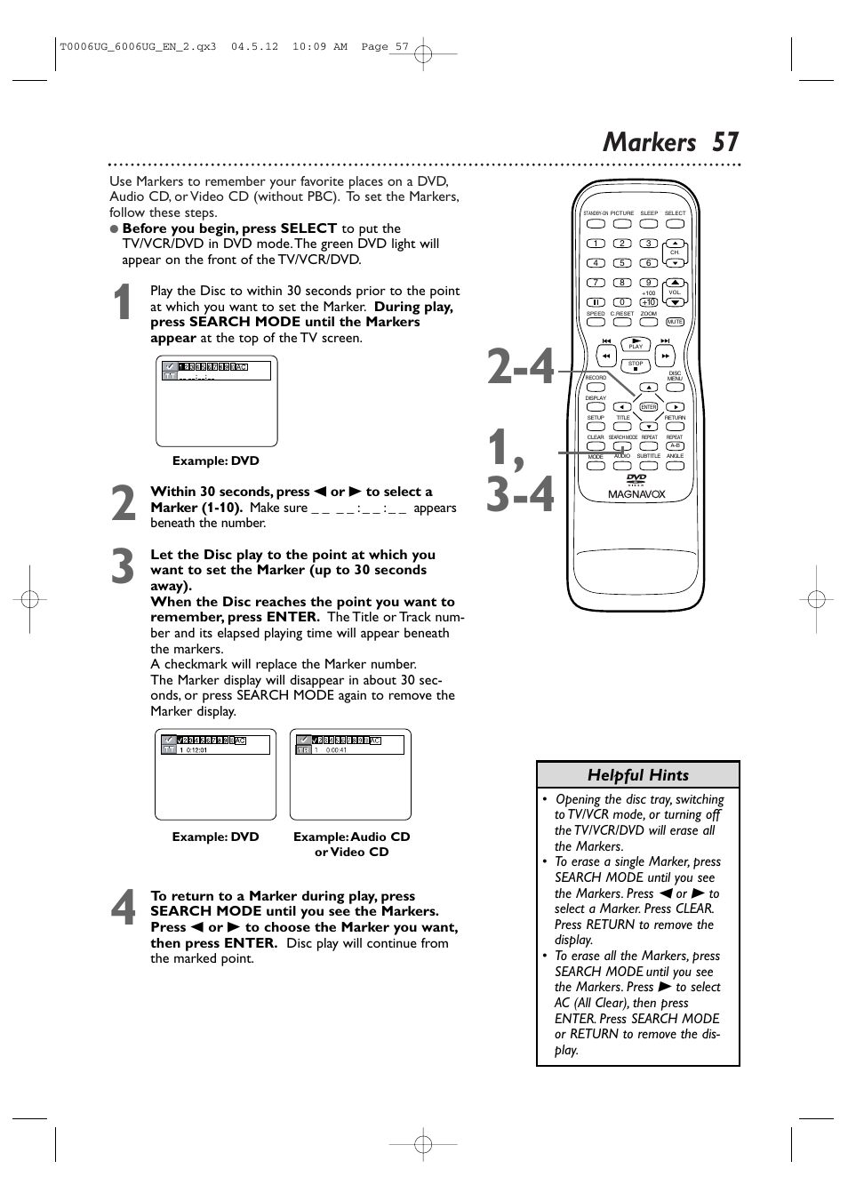 Markers 57, Helpful hints | Philips Magnavox 27MDTR20s User Manual | Page 57 / 159