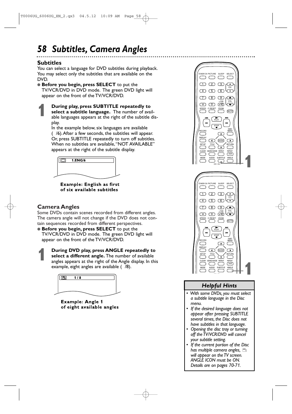 58 subtitles, camera angles, Camera angles, Subtitles | Helpful hints | Philips Magnavox 27MDTR20s User Manual | Page 58 / 159