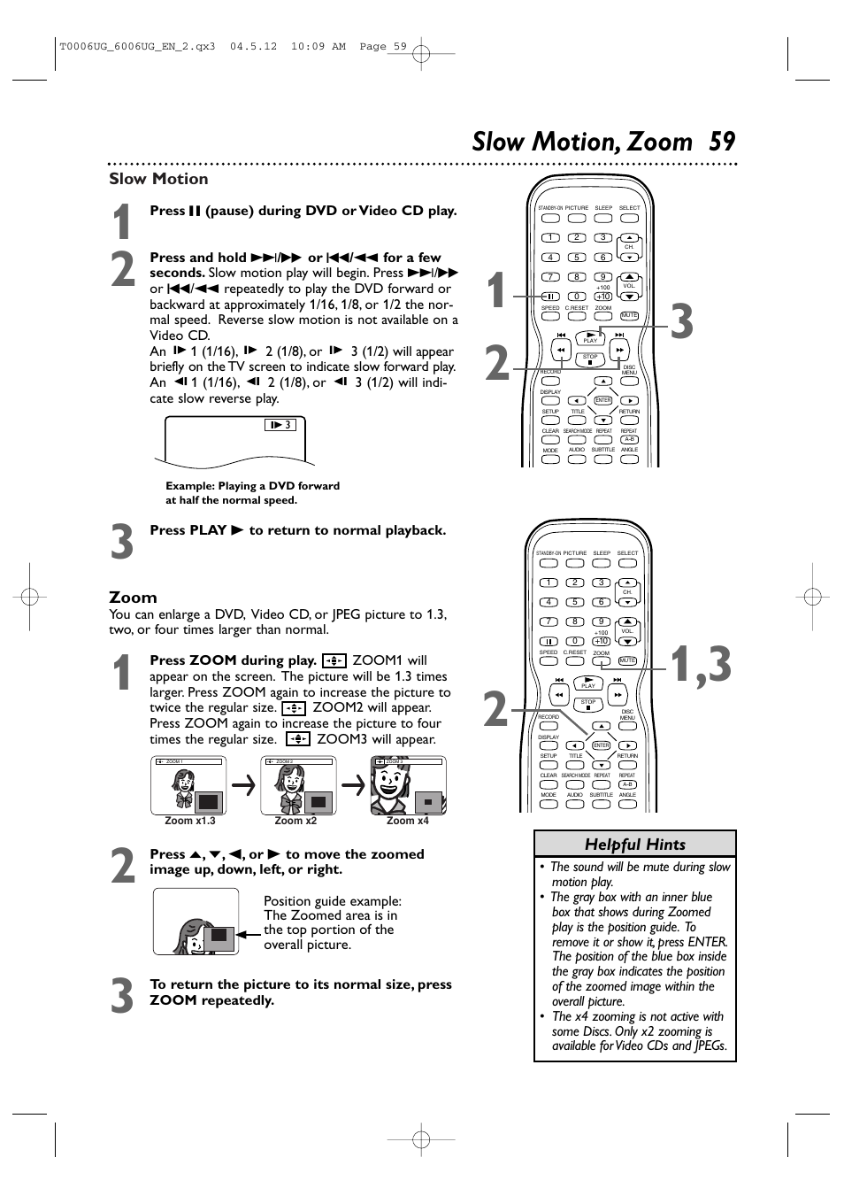 Slow motion, zoom 59, Slow motion, Zoom | Helpful hints | Philips Magnavox 27MDTR20s User Manual | Page 59 / 159