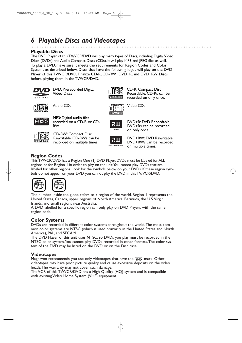 6 playable discs and videotapes | Philips Magnavox 27MDTR20s User Manual | Page 6 / 159