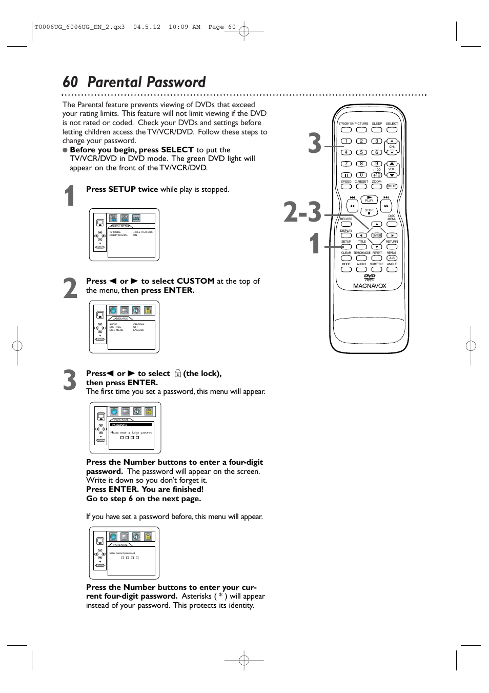 60 parental password, Press setup twice while play is stopped | Philips Magnavox 27MDTR20s User Manual | Page 60 / 159