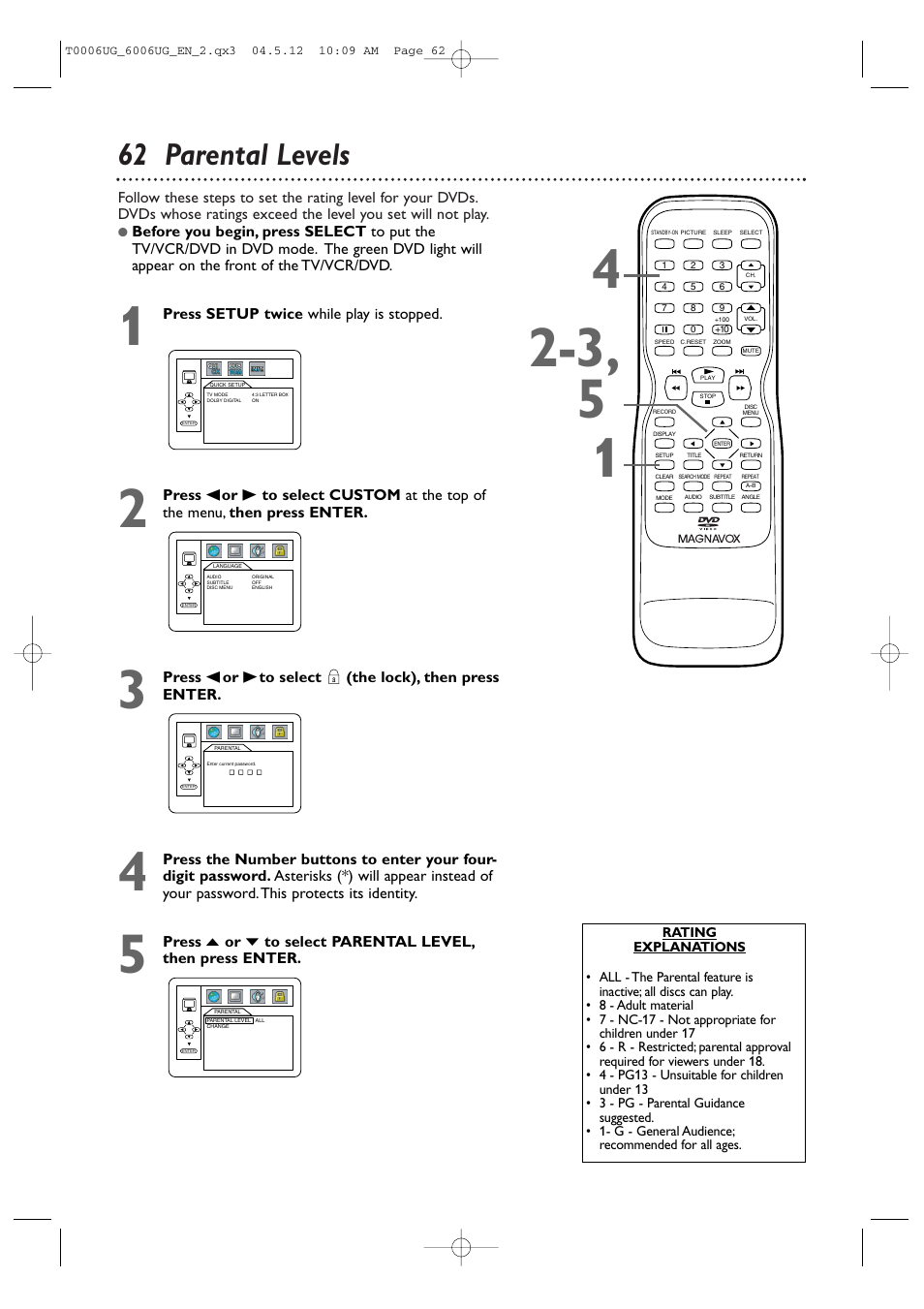 62 parental levels | Philips Magnavox 27MDTR20s User Manual | Page 62 / 159