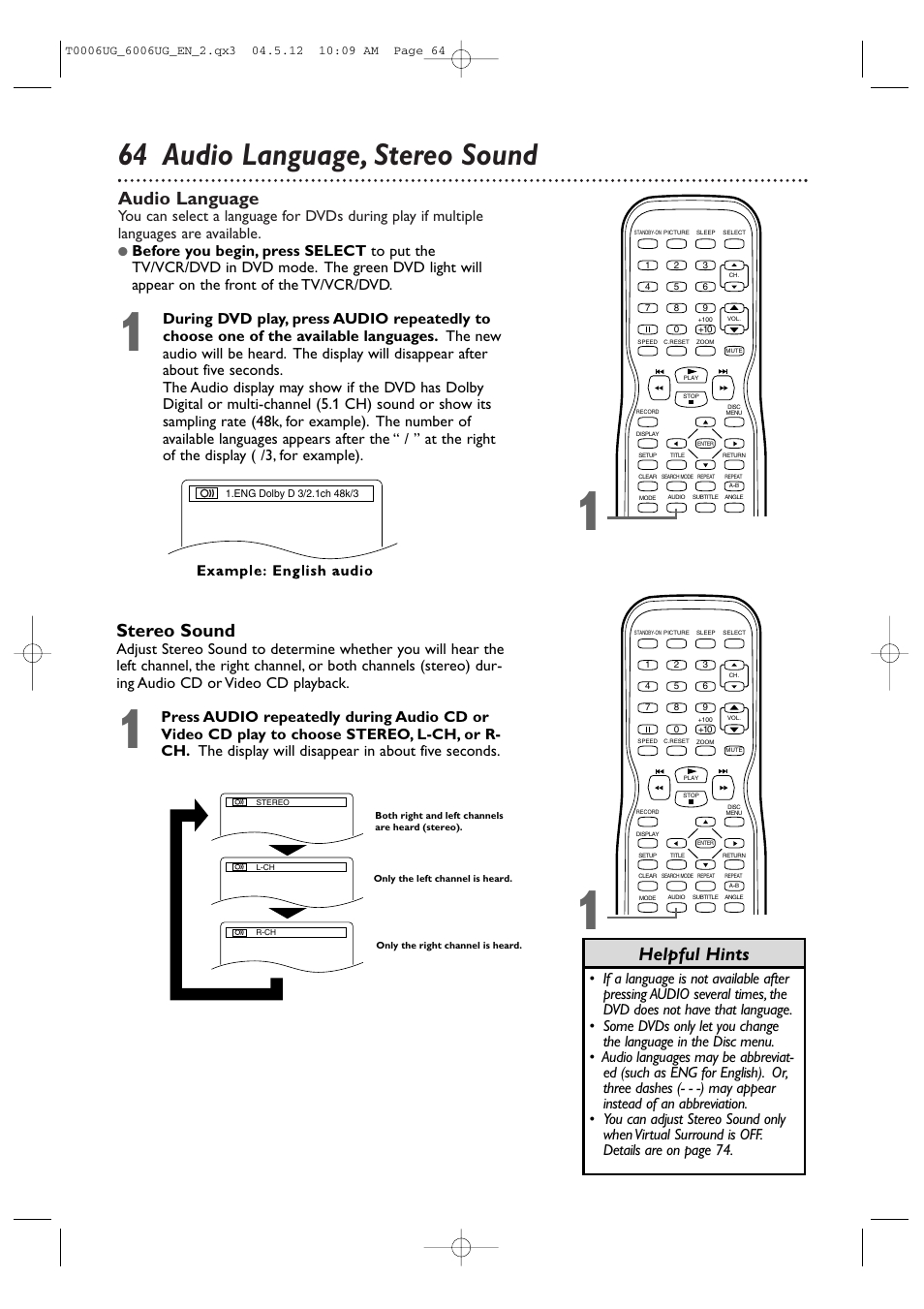 64 audio language, stereo sound, Audio language, Stereo sound | Helpful hints | Philips Magnavox 27MDTR20s User Manual | Page 64 / 159