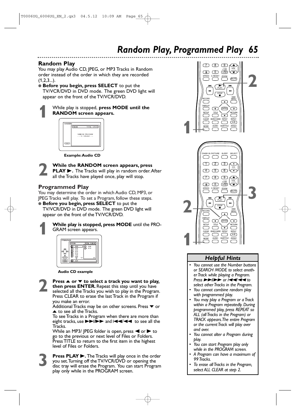 Random play, programmed play 65, Programmed play, Random play | Helpful hints | Philips Magnavox 27MDTR20s User Manual | Page 65 / 159