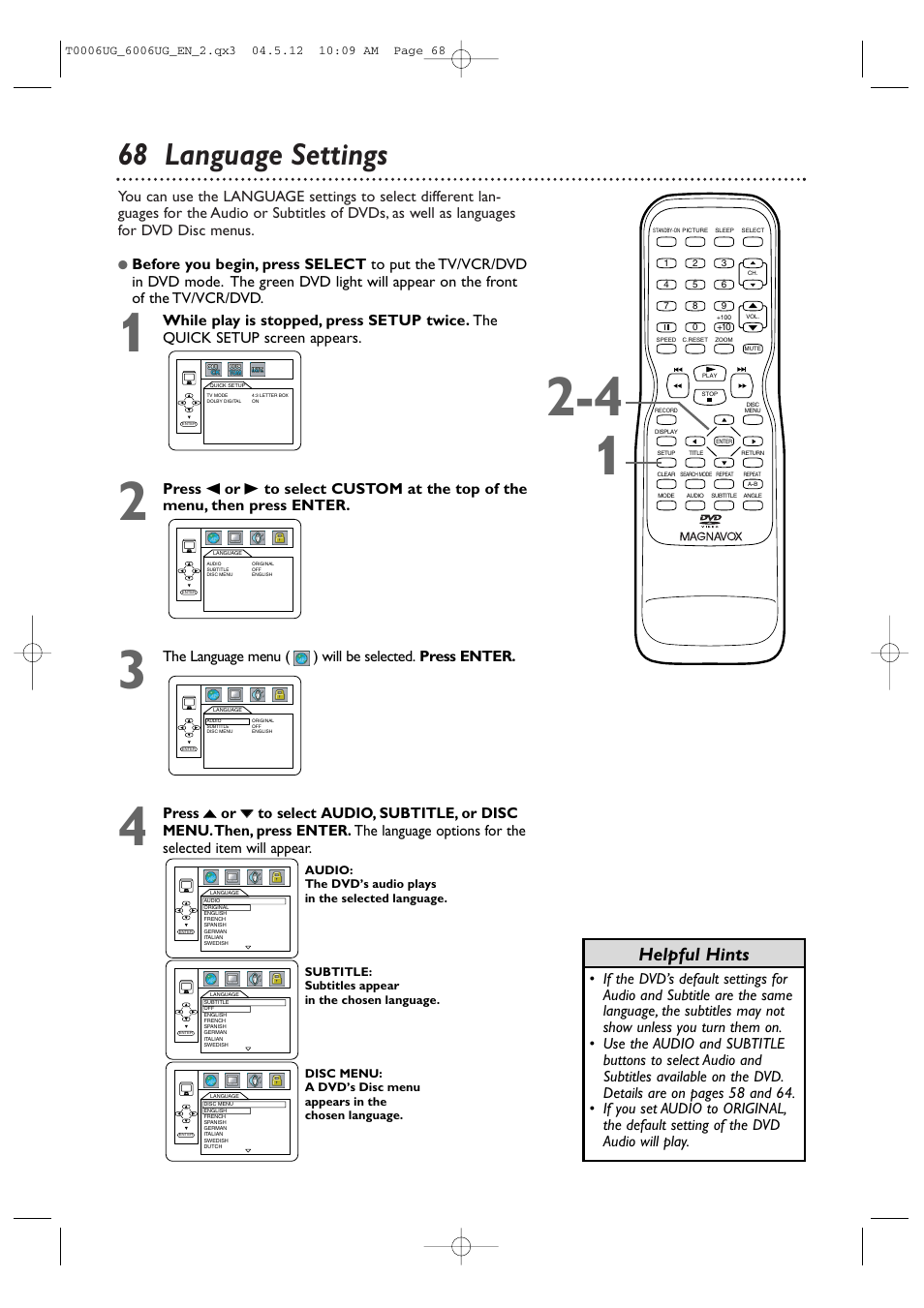 68 language settings, Helpful hints | Philips Magnavox 27MDTR20s User Manual | Page 68 / 159