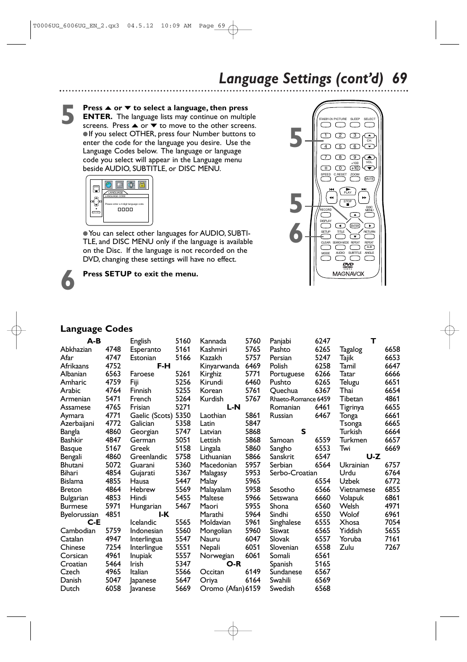 Language settings (cont’d) 69, Language codes | Philips Magnavox 27MDTR20s User Manual | Page 69 / 159