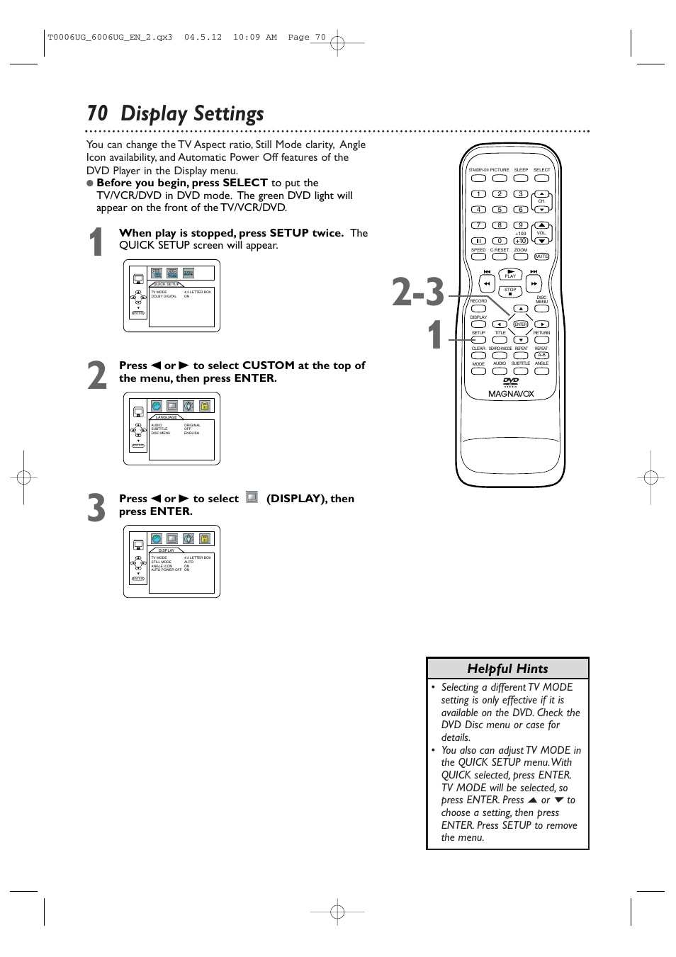 70 display settings, Helpful hints, Press s or b to select (display), then press enter | Philips Magnavox 27MDTR20s User Manual | Page 70 / 159