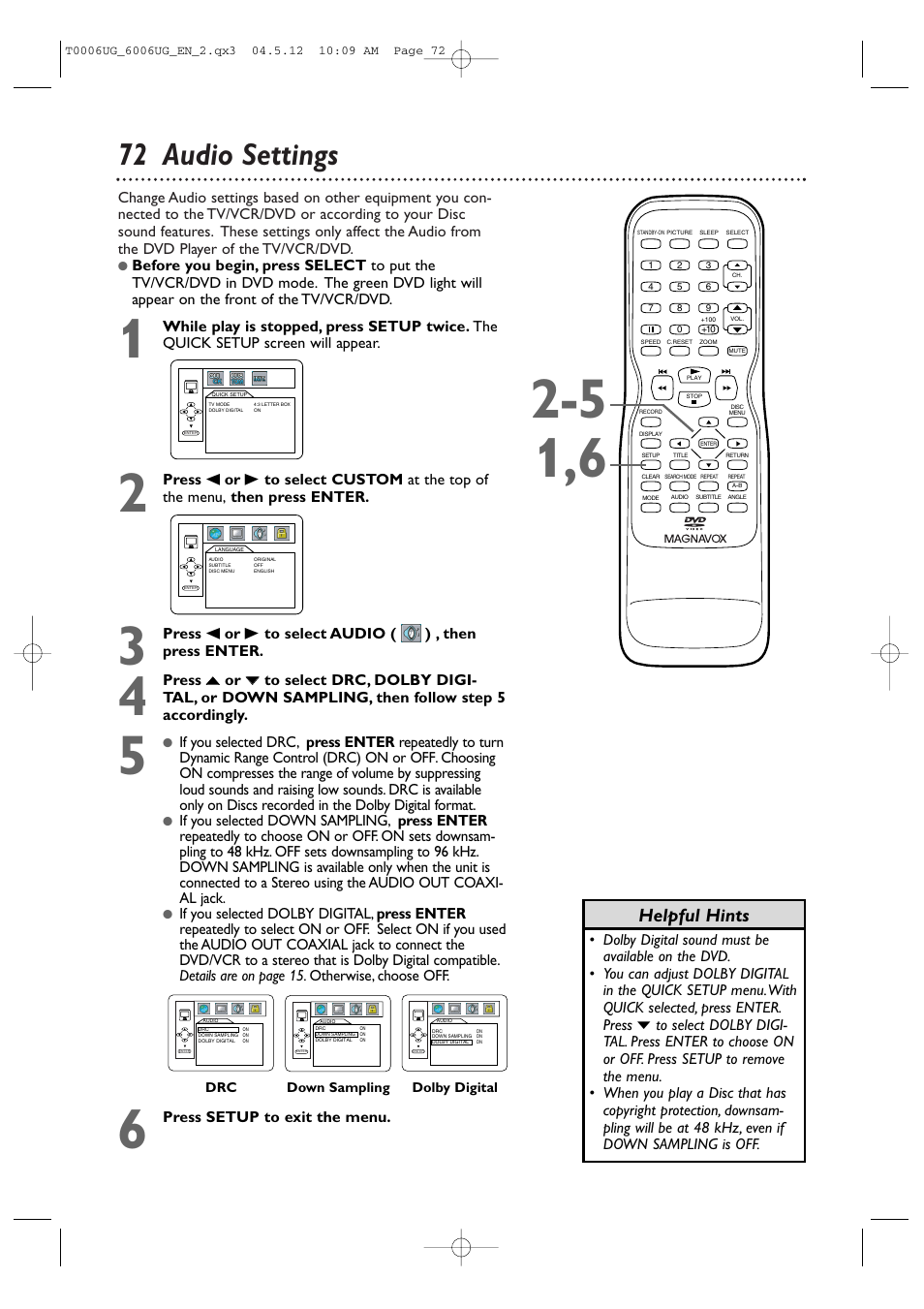 72 audio settings, Helpful hints | Philips Magnavox 27MDTR20s User Manual | Page 72 / 159