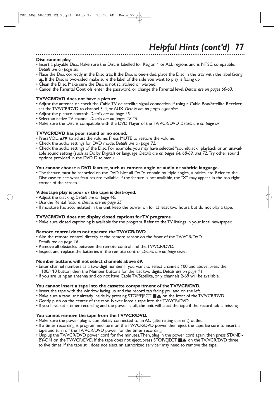 Helpful hints (cont’d) 77 | Philips Magnavox 27MDTR20s User Manual | Page 77 / 159