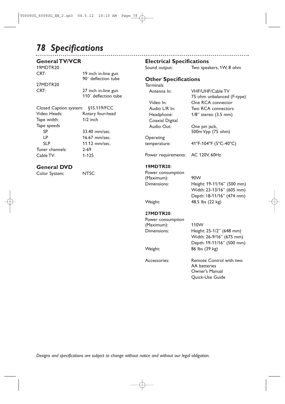 78 specifications | Philips Magnavox 27MDTR20s User Manual | Page 78 / 159