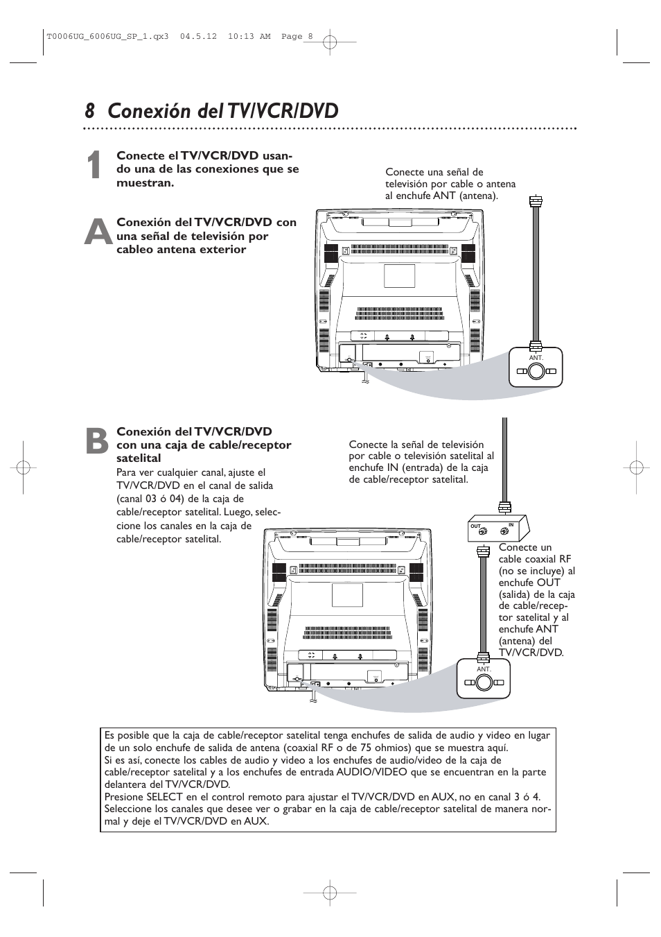 8 conexión del tv/vcr/dvd | Philips Magnavox 27MDTR20s User Manual | Page 88 / 159