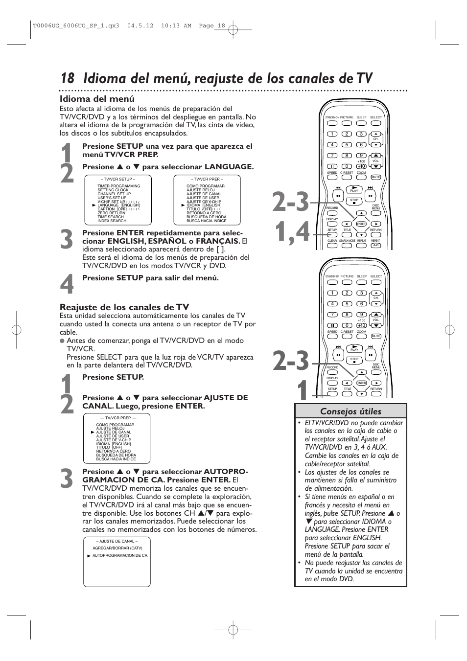 18 idioma del menú, reajuste de los canales de tv, Idioma del menú, Reajuste de los canales de tv | Consejos útiles | Philips Magnavox 27MDTR20s User Manual | Page 98 / 159