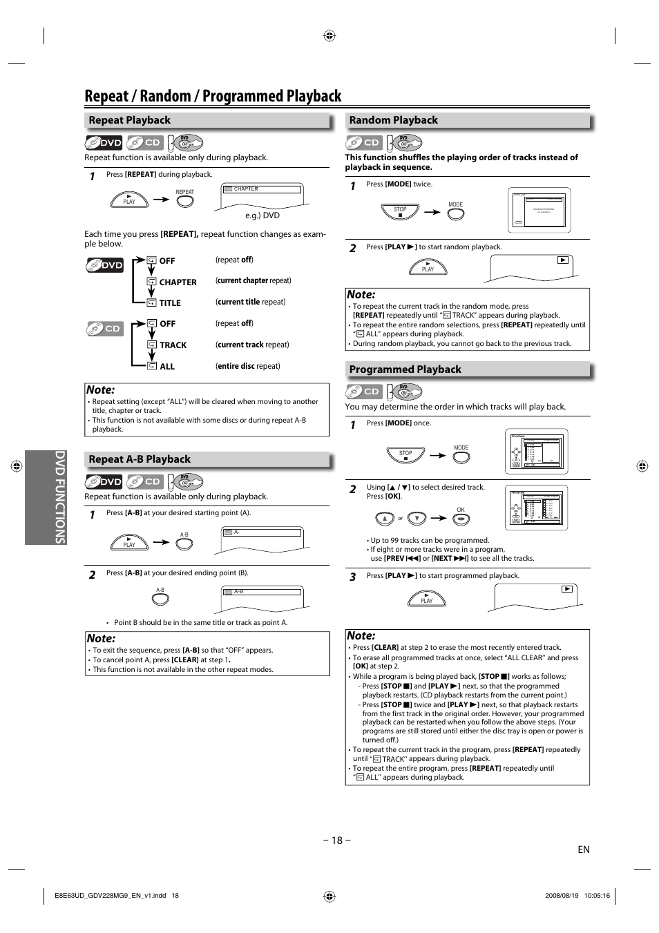 Repeat / random / programmed playback, Dvd functions, Repeat playback | Programmed playback, Random playback, Repeat a-b playback | Philips Magnavox GDV228MG9 User Manual | Page 18 / 28