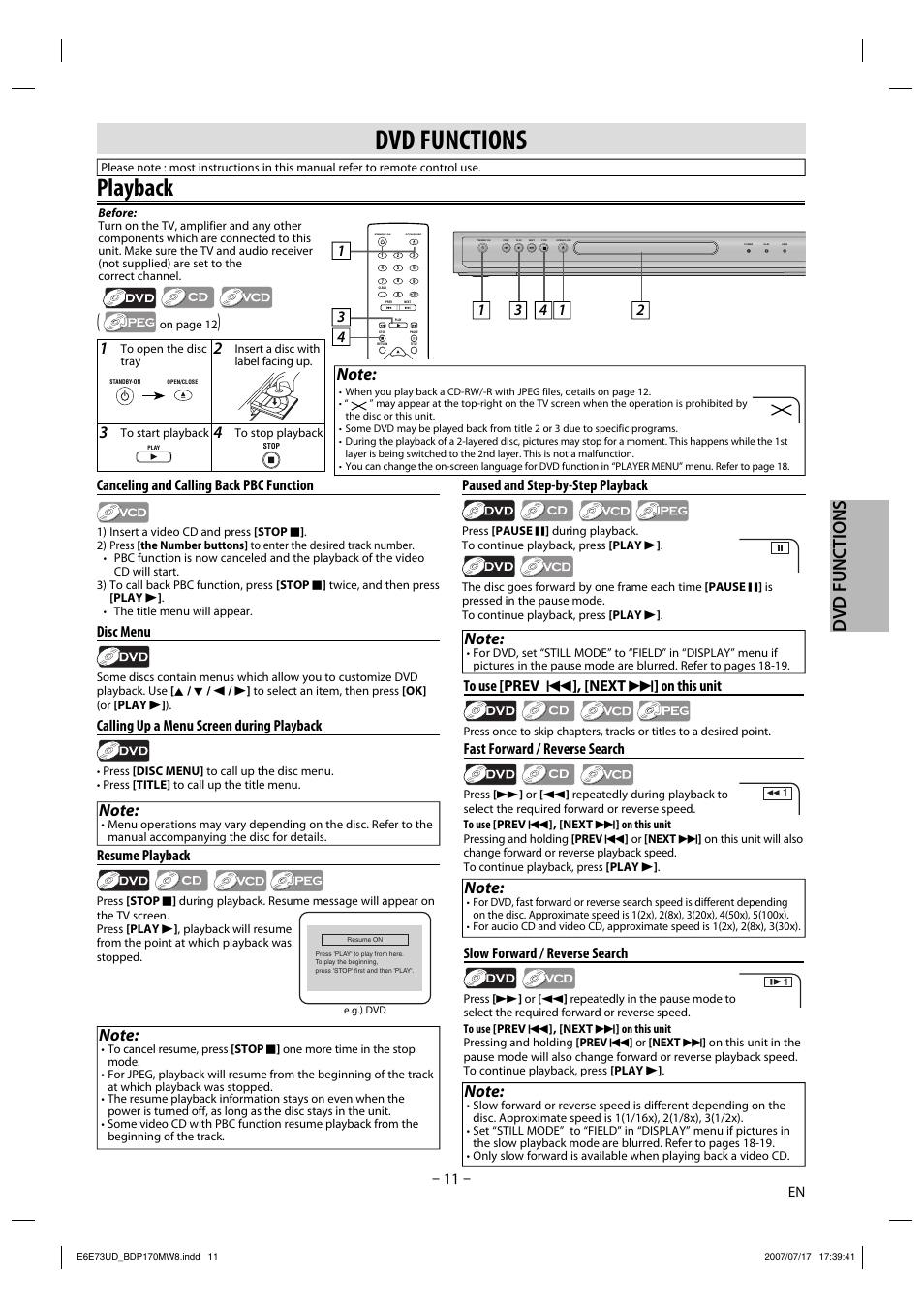 Playback, Dvd functions, Paused and step-by-step playback | Fast forward / reverse search, Resume playback, Slow forward / reverse search, Canceling and calling back pbc function, Disc menu, Calling up a menu screen during playback | Philips Magnavox BDP170MW8 User Manual | Page 11 / 28