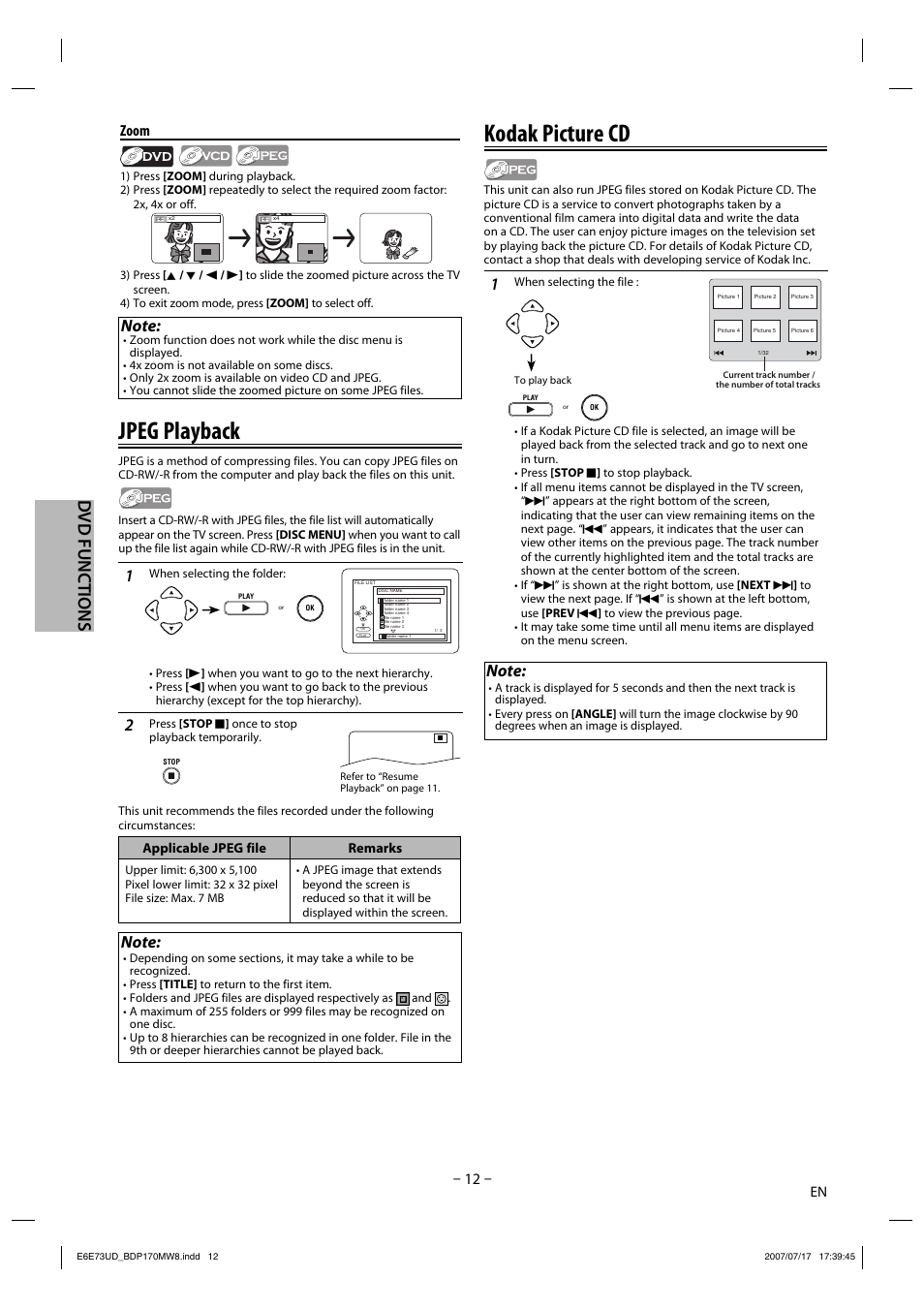 Jpeg playback, Kodak picture cd, Dvd functions | Zoom | Philips Magnavox BDP170MW8 User Manual | Page 12 / 28