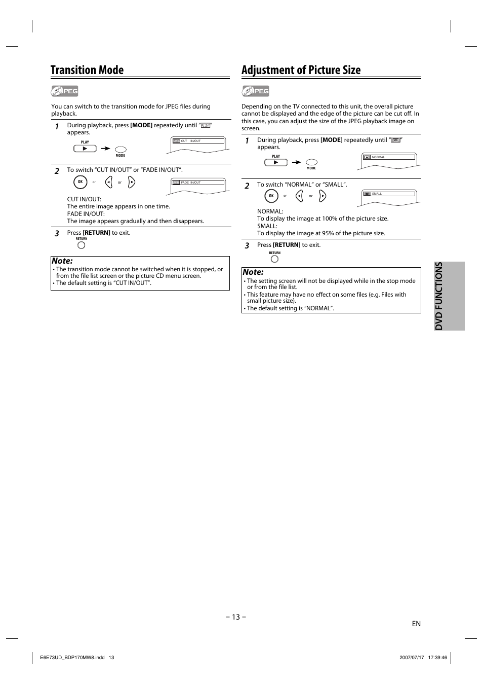 Transition mode, Adjustment of picture size, Dvd functions | Philips Magnavox BDP170MW8 User Manual | Page 13 / 28