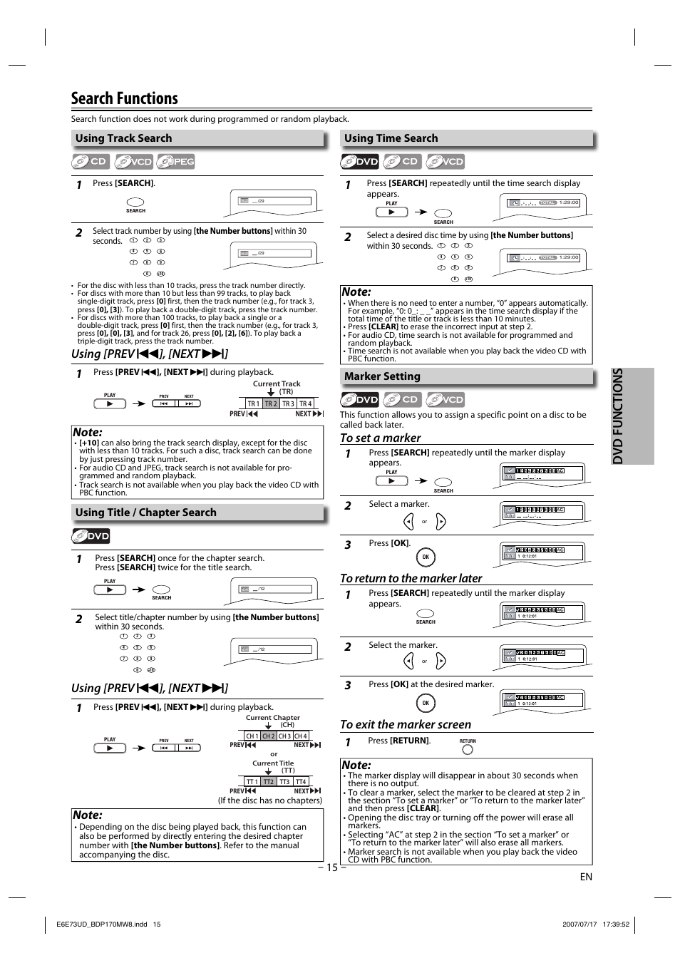 Search functions, Dvd functions, Using [prev | Next, Using track search, Using time search, Marker setting, Using title / chapter search | Philips Magnavox BDP170MW8 User Manual | Page 15 / 28