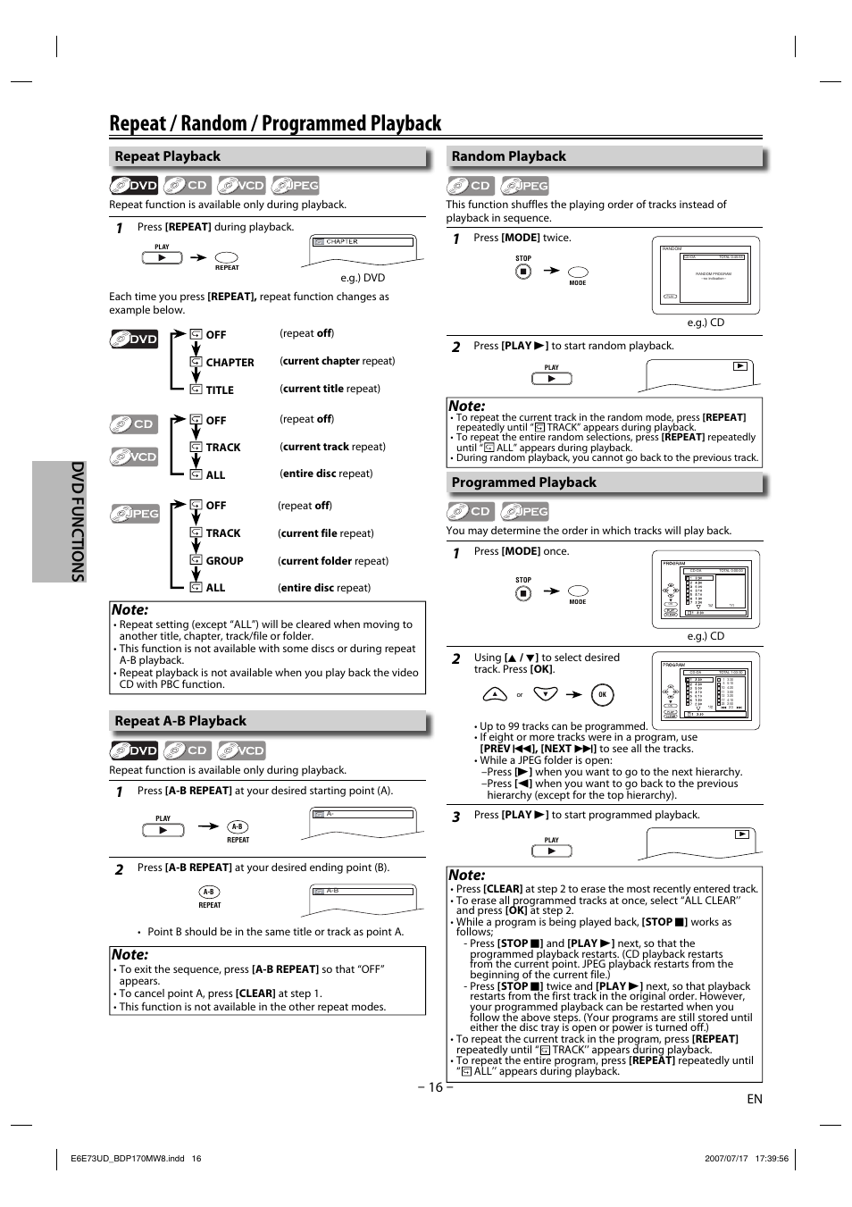 Repeat / random / programmed playback, Dvd functions, Repeat playback | Programmed playback, Random playback, Repeat a-b playback | Philips Magnavox BDP170MW8 User Manual | Page 16 / 28