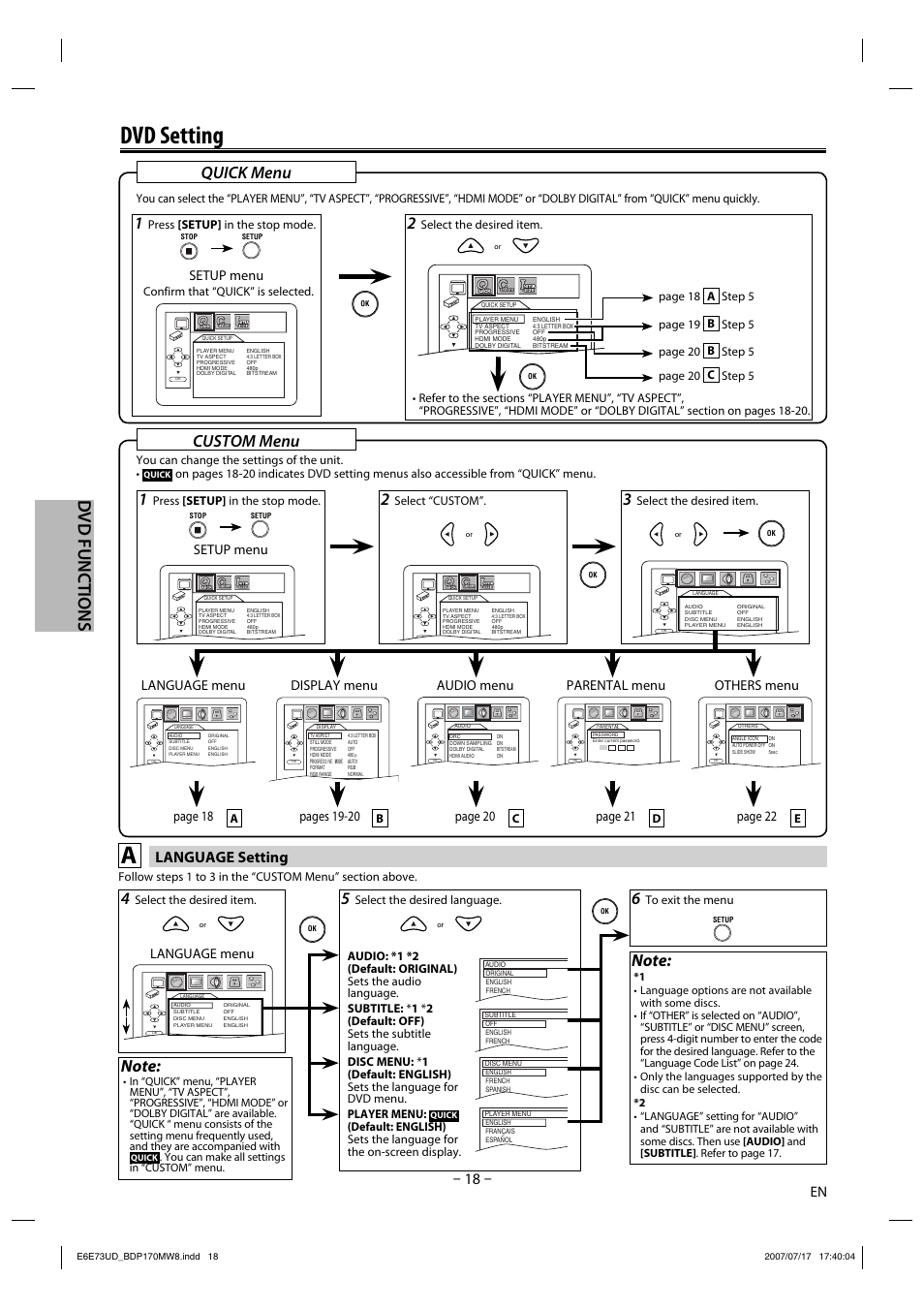 Dvd setting, Dvd functions, Quick menu | Custom menu, Language setting, Language menu, Setup menu, Pages 19-20, Page 20, Page 22 parental menu page 21 | Philips Magnavox BDP170MW8 User Manual | Page 18 / 28