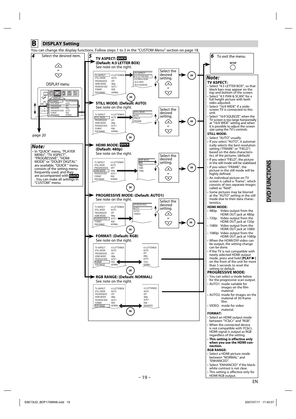 Dvd functions, Display setting, Display menu | Philips Magnavox BDP170MW8 User Manual | Page 19 / 28