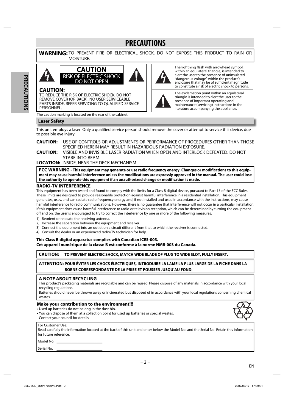 Caution, Warning, Precautions | Risk of electric shock do not open caution | Philips Magnavox BDP170MW8 User Manual | Page 2 / 28