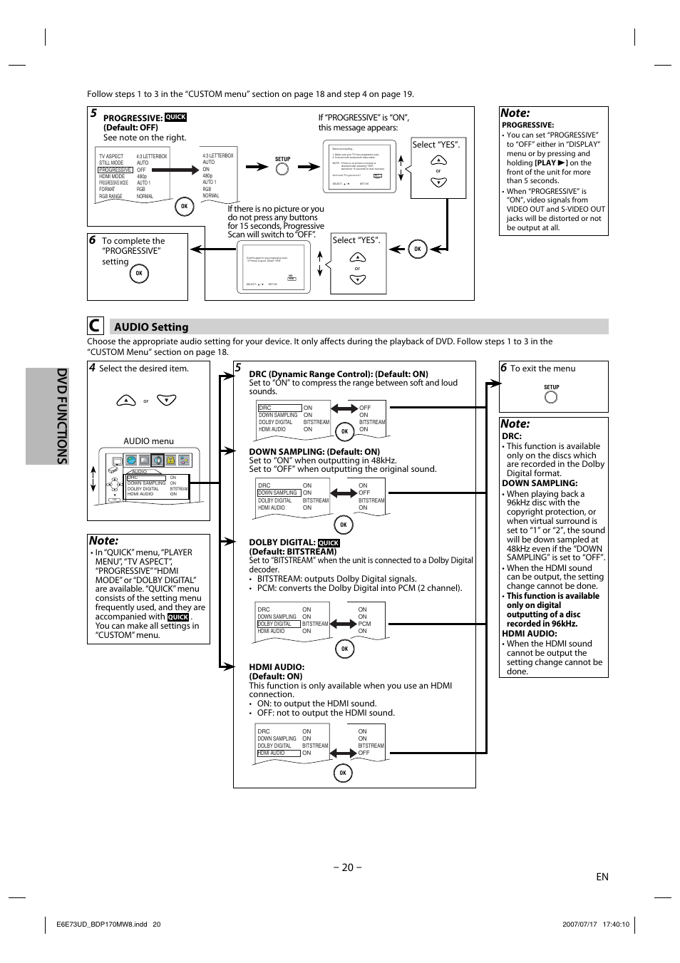 Dvd functions, Audio setting | Philips Magnavox BDP170MW8 User Manual | Page 20 / 28