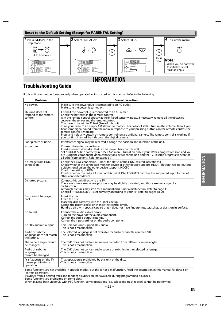 Troubleshooting guide, Information, Setup menu | Philips Magnavox BDP170MW8 User Manual | Page 23 / 28