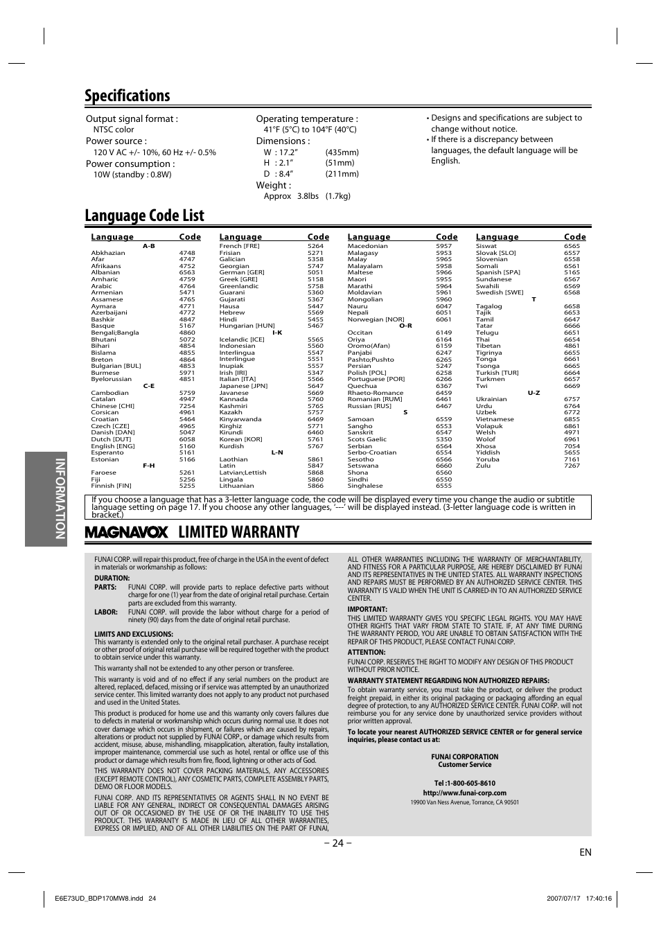 Specifications, Limited warranty, Language code list | Information, Output signal format, Power source, Power consumption, Operating temperature, Dimensions, Weight | Philips Magnavox BDP170MW8 User Manual | Page 24 / 28