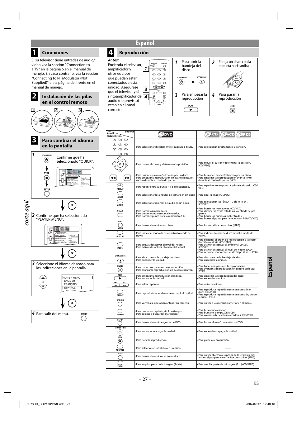 Español, Corte aquí, Conexiones reproducción | Instalación de las pilas en el control remoto, Para cambiar el idioma en la pantalla, Para abrir la bandeja del disco, Ponga un disco con la etiqueta hacia arriba, Para empezar la reproducción, Para parar la reproducción, Confirme que ha seleccionado “quick | Philips Magnavox BDP170MW8 User Manual | Page 27 / 28