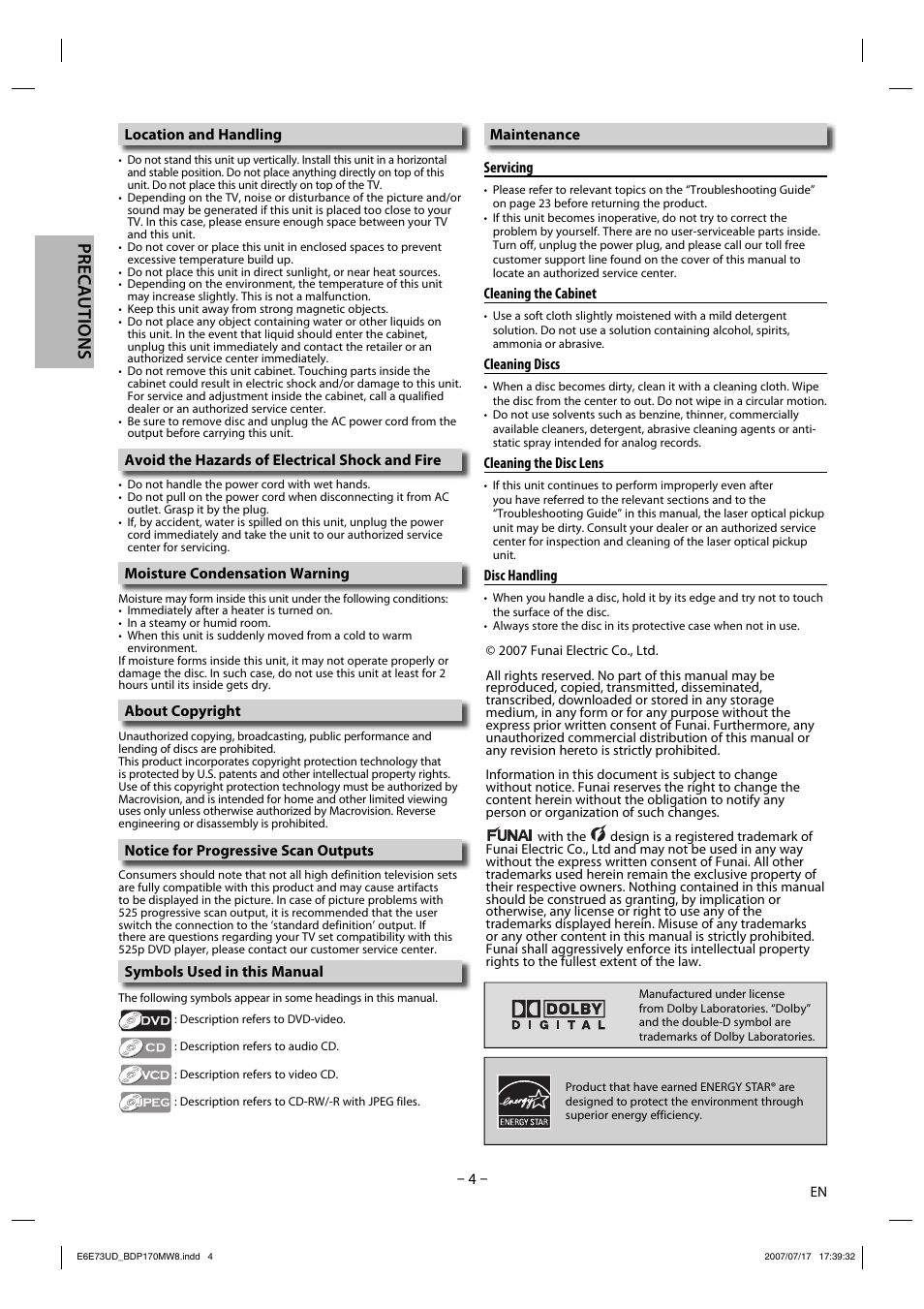 Precautions | Philips Magnavox BDP170MW8 User Manual | Page 4 / 28