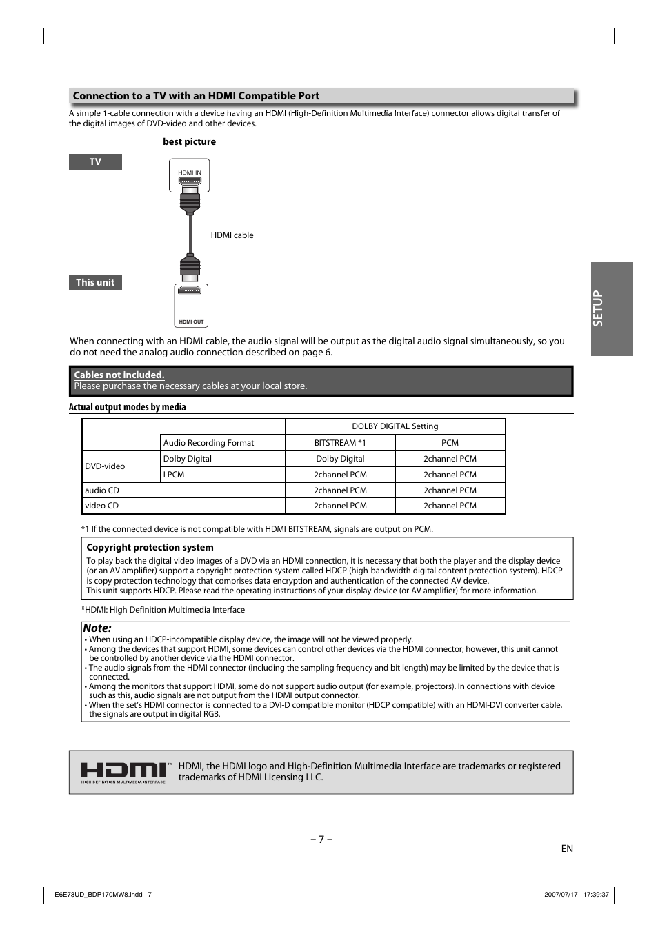 Setup, Actual output modes by media, Connection to a tv with an hdmi compatible port | Philips Magnavox BDP170MW8 User Manual | Page 7 / 28