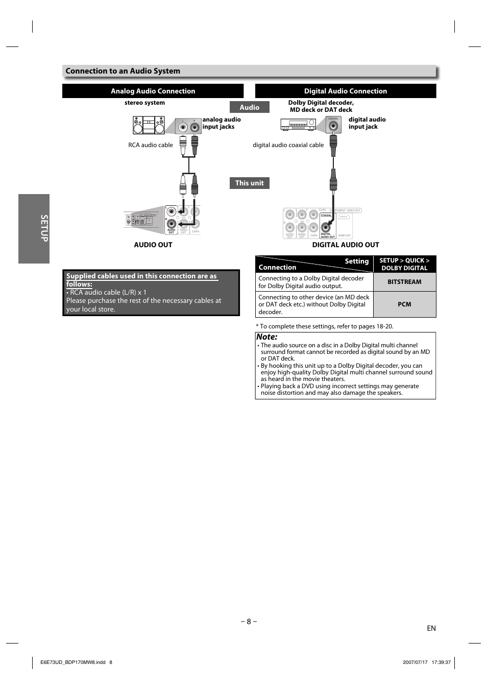 Setup, Connection to an audio system, Analog audio connection digital audio connection | Audio out digital audio out, Audio this unit connection setting | Philips Magnavox BDP170MW8 User Manual | Page 8 / 28