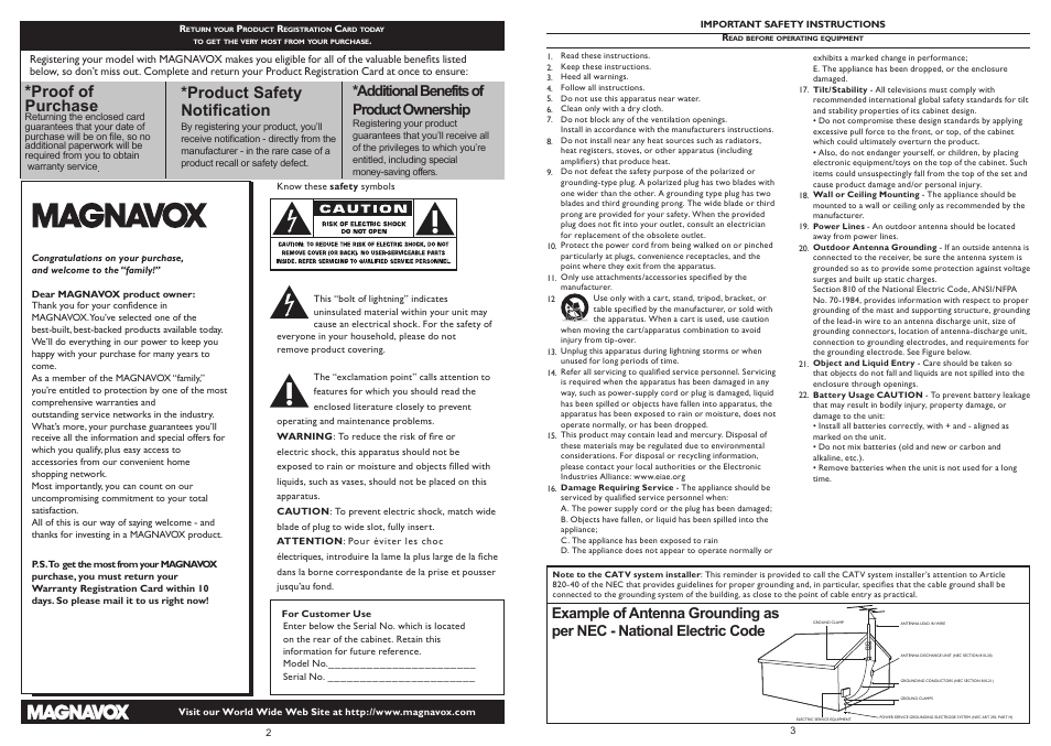 Proof of purchase, Product safety notiﬁcation, Additional benefits of product ownership | Philips Magnavox 15MF Series User Manual | Page 2 / 19