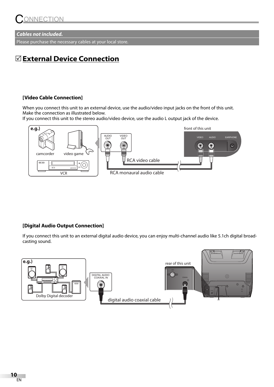 Onnection, External device connection | Philips Magnavox sdtv CD130MW9 User Manual | Page 10 / 90