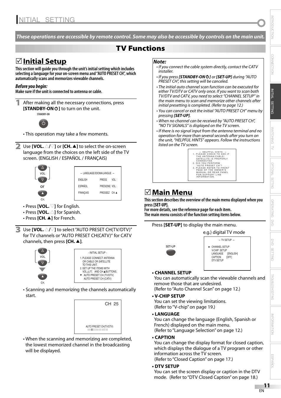 Nitial setting, Initial setup, Main menu | Tv functions | Philips Magnavox sdtv CD130MW9 User Manual | Page 11 / 90