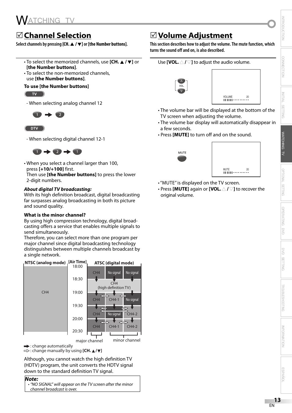 Atching tv, Channel selection, 5volume adjustment | Philips Magnavox sdtv CD130MW9 User Manual | Page 13 / 90