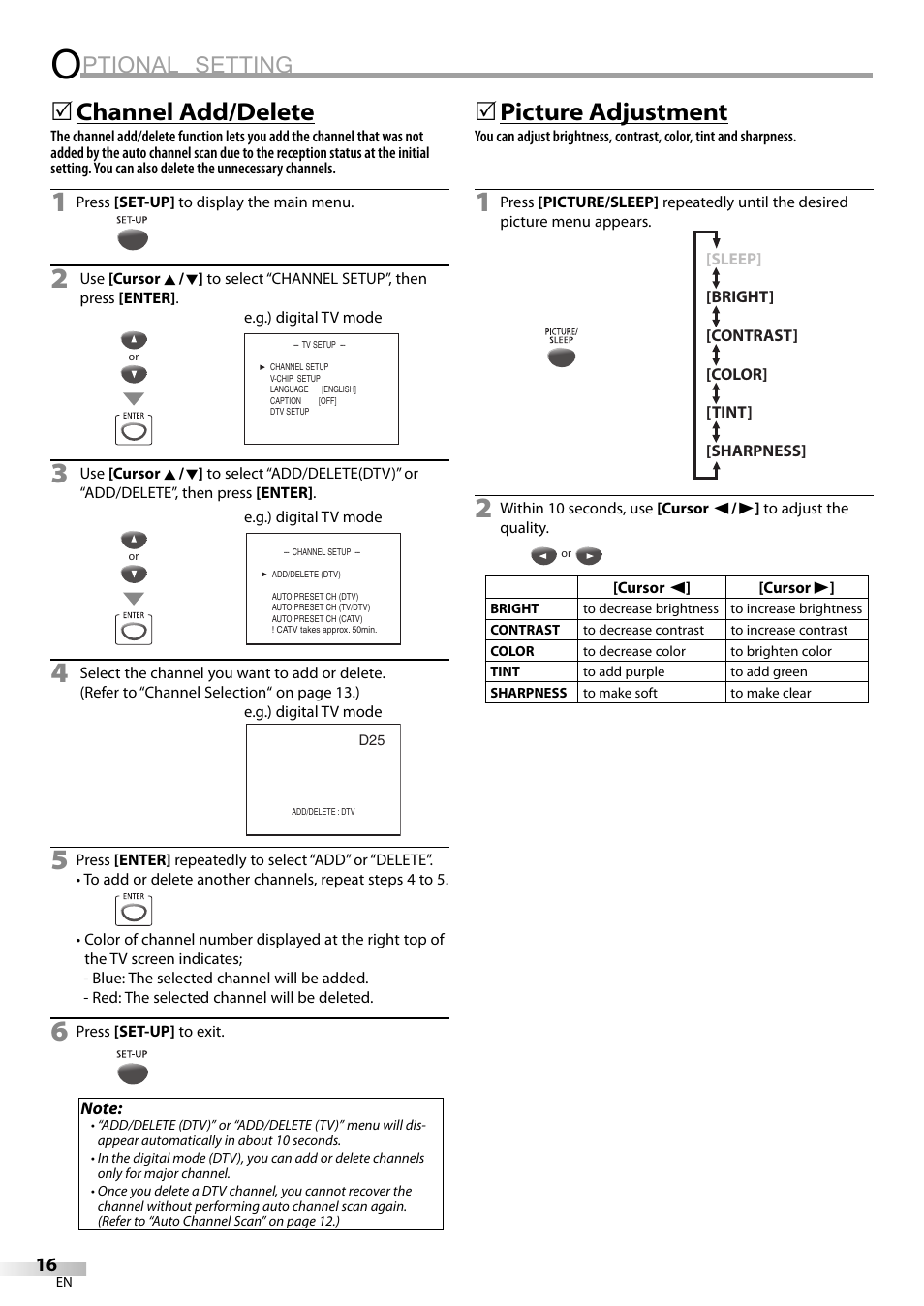 Ptional setting, Channel add/delete, 5picture adjustment | Philips Magnavox sdtv CD130MW9 User Manual | Page 16 / 90